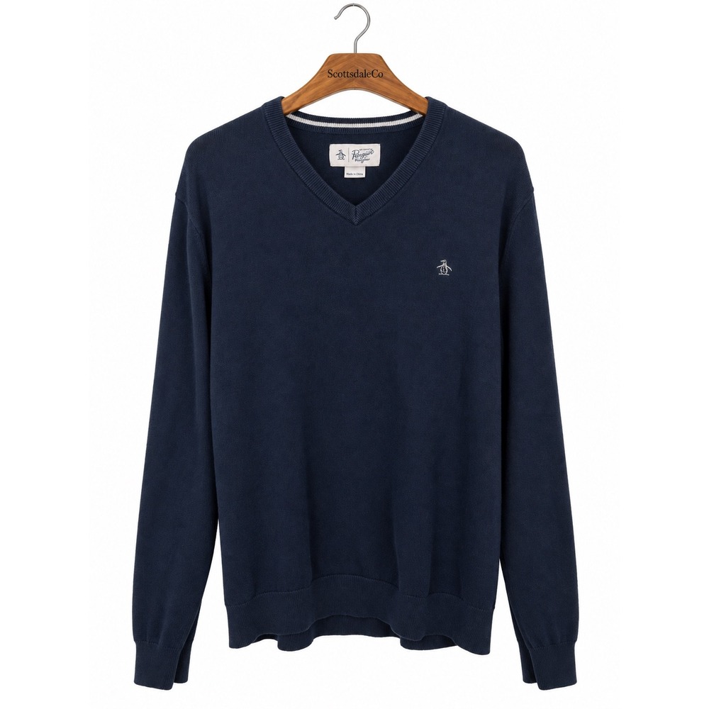 Original Penguin Sweater Mens XXL Blue Cotton V-Neck Logo Pullover Knit Classic